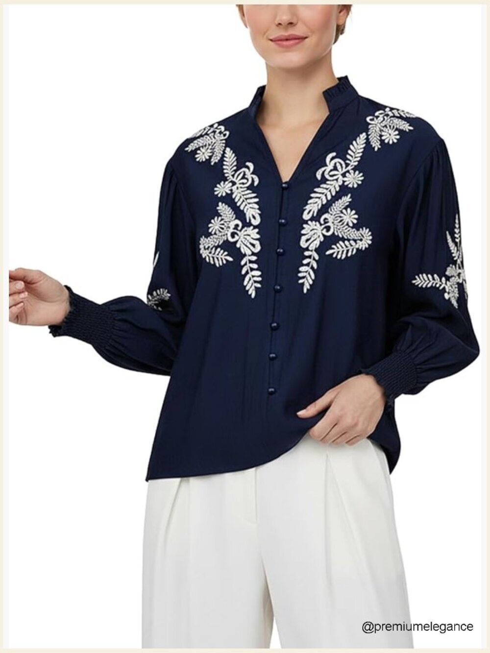 Floral Embroidered Boho Long Sleeve Blouse V-Neck Peasant Top